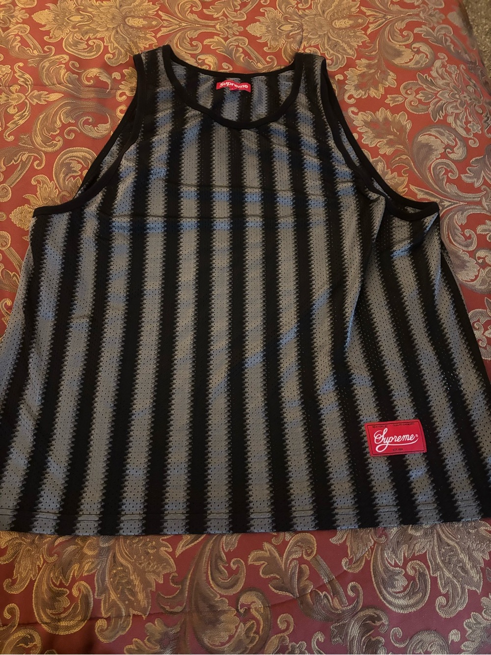 Supreme Black and Gray Striped Mesh Tank